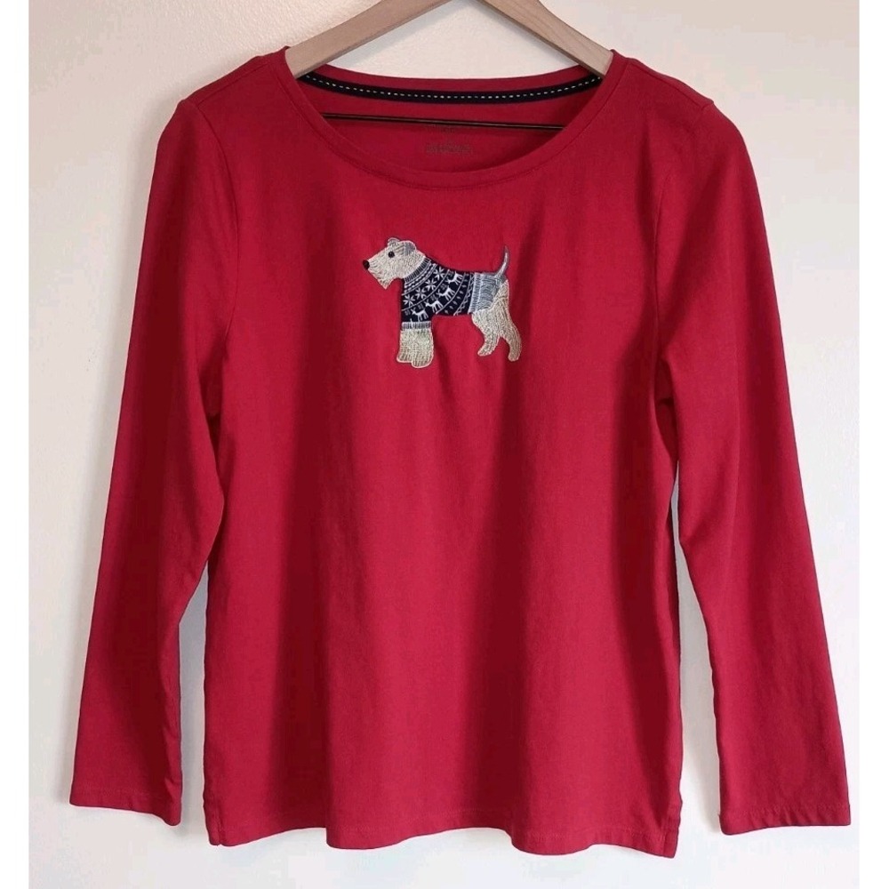 Talbots Petite LP Red Terrier Dog Embroidered Cotton Long Sleeve Tee Top Holiday